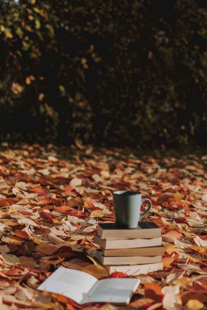 A Stack of Paperback books with a mug resting on top. Colored leaves, red, yellow, and orange, and an open book are in the background. 